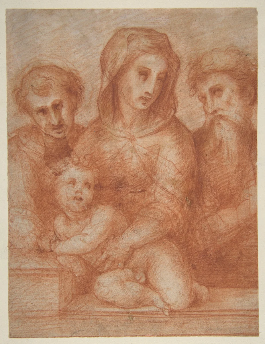 Virgin and Child with Two Saints (recto); Fragmentary Design of a Pietà (verso) by Domenico Puligo, drawing, 1515-1520
