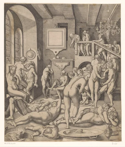 Badhuis met mannen en vrouwen by Unknown, print, 1524-1562