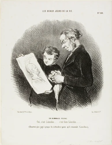 “Yes, it is Leonidas...... No Question, it is Leonidas!” (The happy father deems it appropriate to be moved by recognizing Leonidas), plate 100 from Les Beaux Jours De La Vie by Honoré-Victorin Daumier, print, 1846