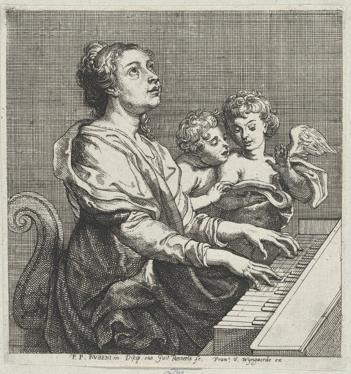 Saint Cecilia playing the organ with two putti at right by Willem Panneels, print, 1626-1636