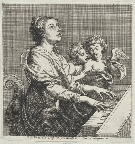 Saint Cecilia playing the organ with two putti at right by Willem Panneels, print, 1626-1636