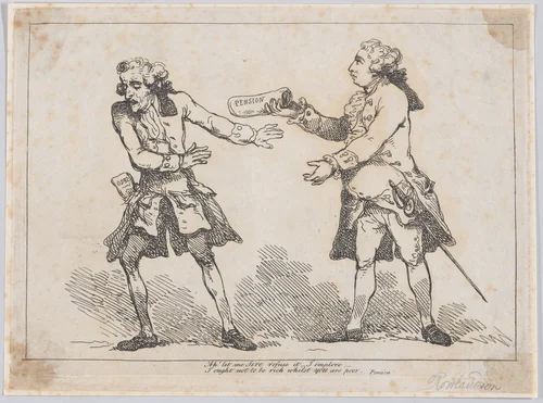 Ah' let me Sire refuse it..., from Peter's Pension by Peter Pindar, Esq. by Thomas Rowlandson, print, 1787