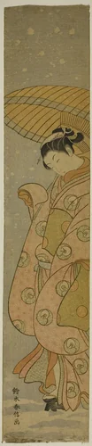 Beauty Under an Umbrella in the Snow by Suzuki Harunobu (鈴木春信), print, 1765-1770