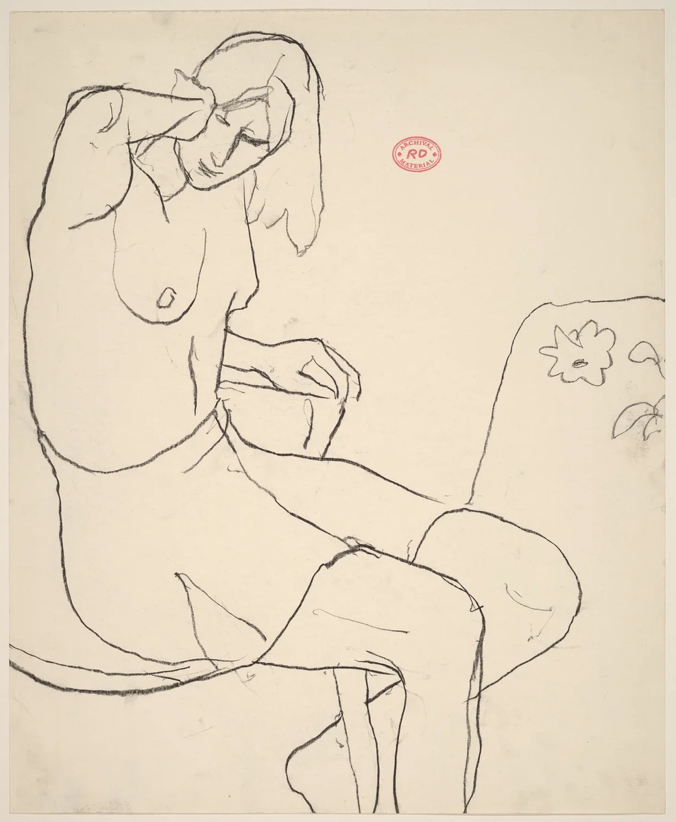 Untitled [seated female model without a top and wearing a skirt] by Richard Diebenkorn, drawing, 1955-1967