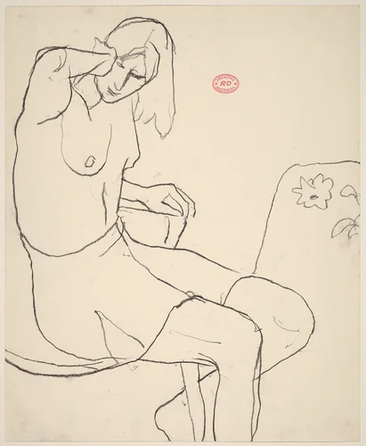 Untitled [seated female model without a top and wearing a skirt] by Richard Diebenkorn, drawing, 1955-1967