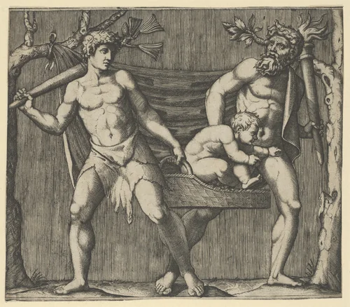 Two Fauns Carrying a Child by Marcantonio Raimondi, print, 1508-1520