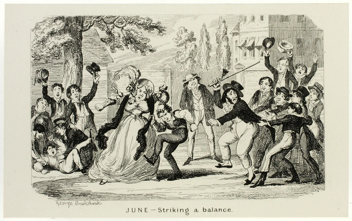 June - Striking a Balance from George Cruikshank's Steel Etchings to The Comic Almanacks: 1835-1853 by George Cruikshank, print, 1840