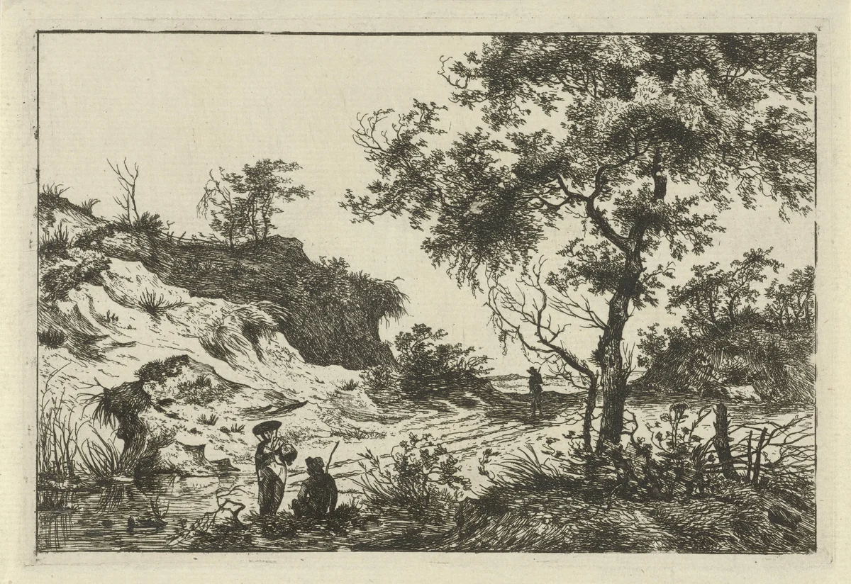 Landschap met vrouw met hoed by Hermanus Fock, print, 1781-1822