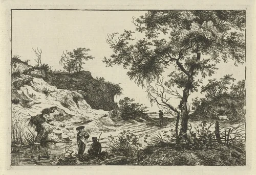 Landschap met vrouw met hoed by Hermanus Fock, print, 1781-1822