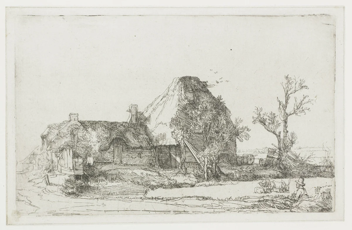 Boerderij en stallen met een tekenaar by Rembrandt van Rijn, print, 1641