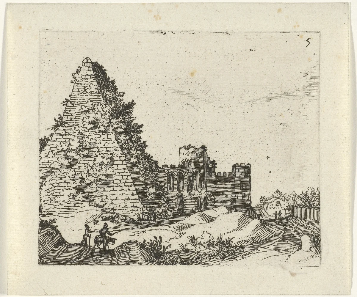 Piramide van Gaius Cestius by Guilliam van Nieulandt, print, 1594-1618