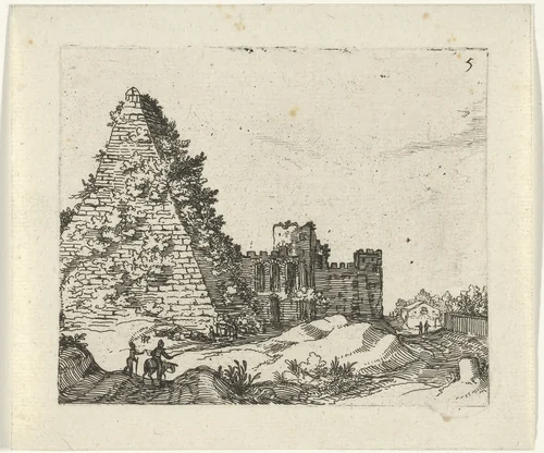 Piramide van Gaius Cestius by Guilliam van Nieulandt, print, 1594-1618