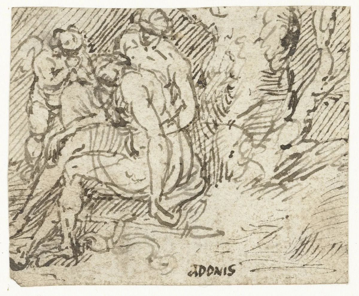 Venus, Cupido en Adonis by Lambert Lombard, drawing, 1516-1566