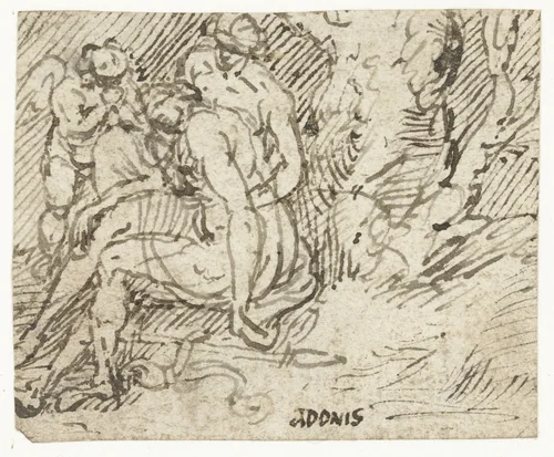 Venus, Cupido en Adonis by Lambert Lombard, drawing, 1516-1566