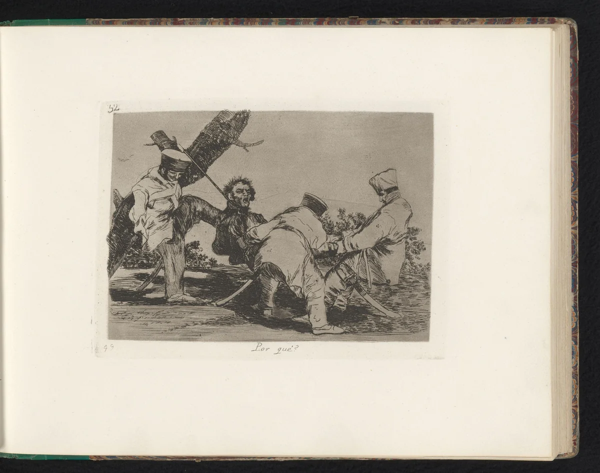Drie soldaten pogen een man te doden door verstikking met een touw om zijn nek by Francisco de Goya, book, 1810-1820