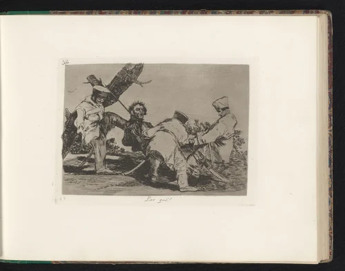 Drie soldaten pogen een man te doden door verstikking met een touw om zijn nek by Francisco de Goya, book, 1810-1820