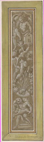 Two Pilaster with White Putti on Tan Ground by Giovanni Mauro della Rovere, drawing, 1575-1640