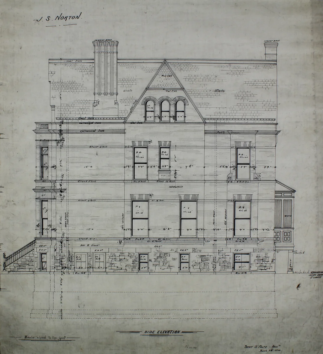 James S. Norton House, Chicago, Illinois, Side Elevation by Treat and Foltz, drawing, 1884