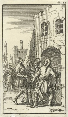 Twee geketende mannen worden naar de gevangenis geleid by Jan Luyken, print, 1685