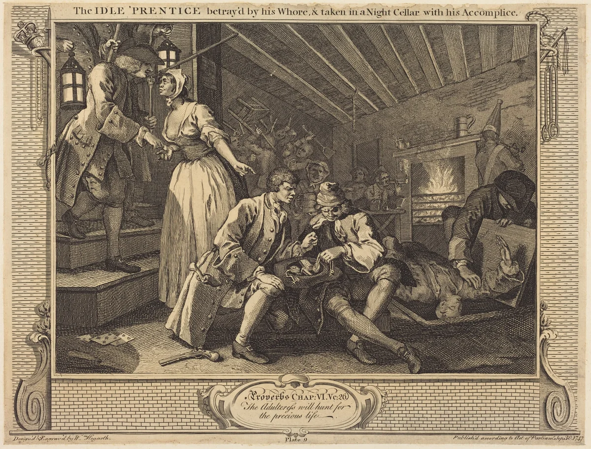 The Idle 'Prentice betray'd by his Whore, & taken in a Night Cellar with his Accomplice by William Hogarth, print, 1747