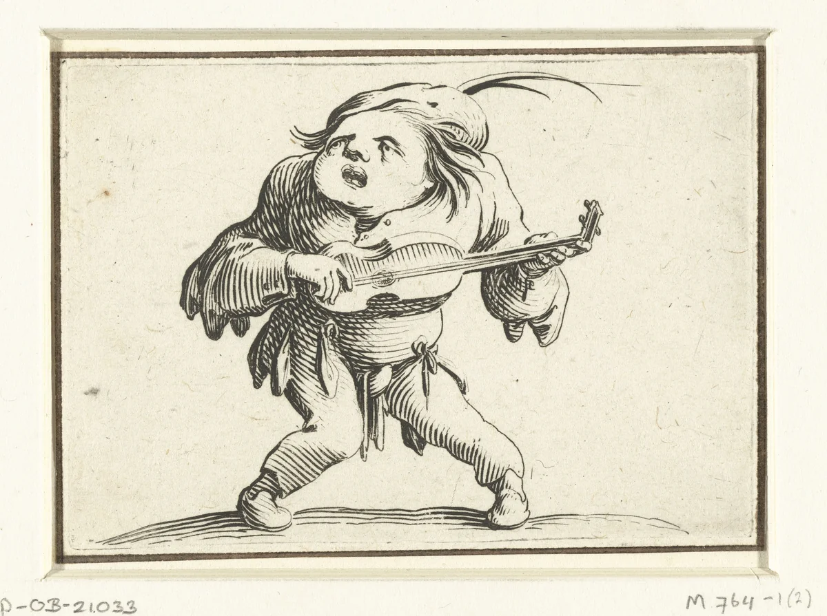 Kleine mens (karikatuur) met gitaar by Jacques Callot, print, 1621-1625