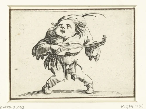 Kleine mens (karikatuur) met gitaar by Jacques Callot, print, 1621-1625