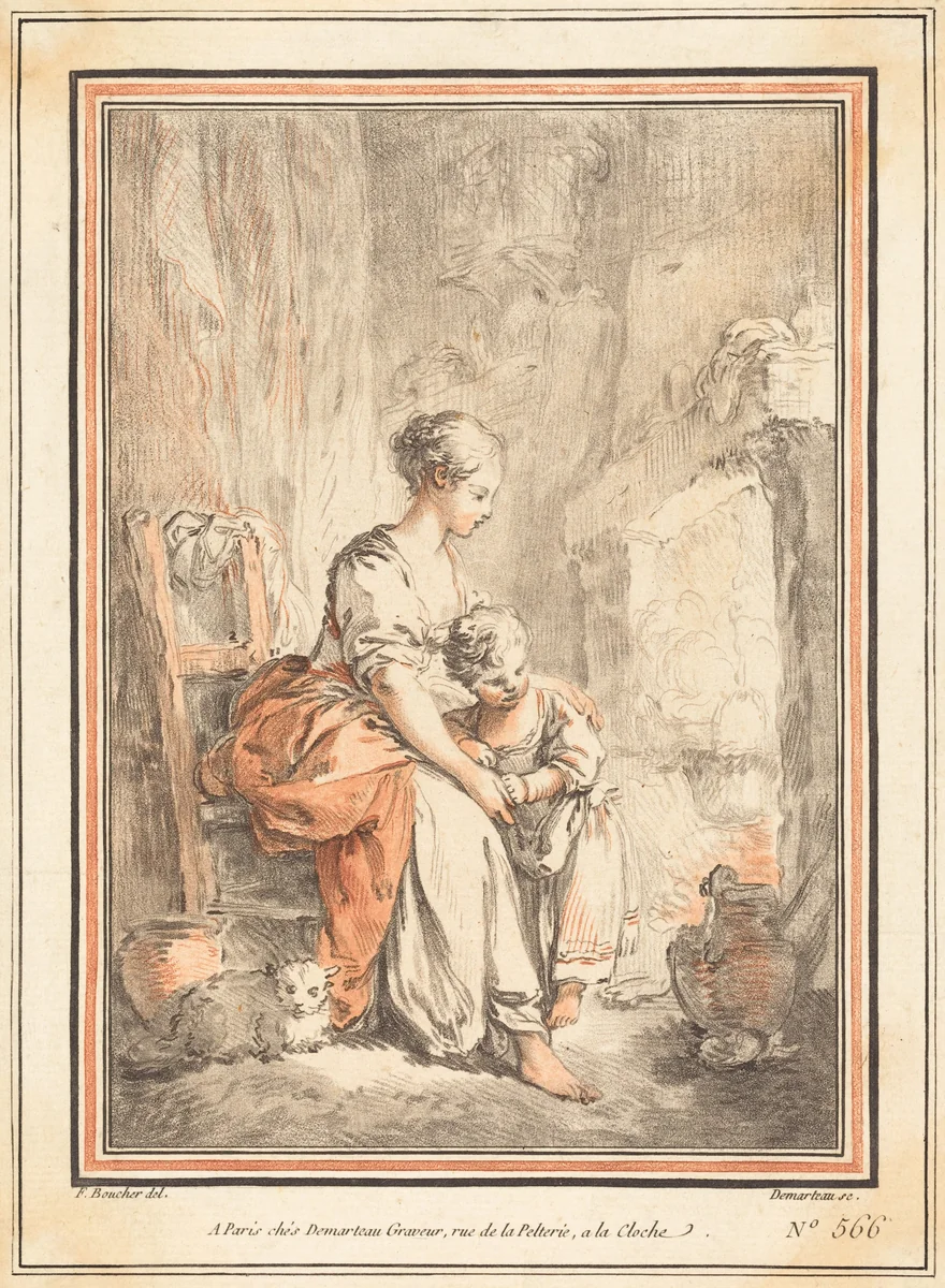 Woman and Child before a Fireplace by Gilles Antoine Demarteau, print, 1750-1802