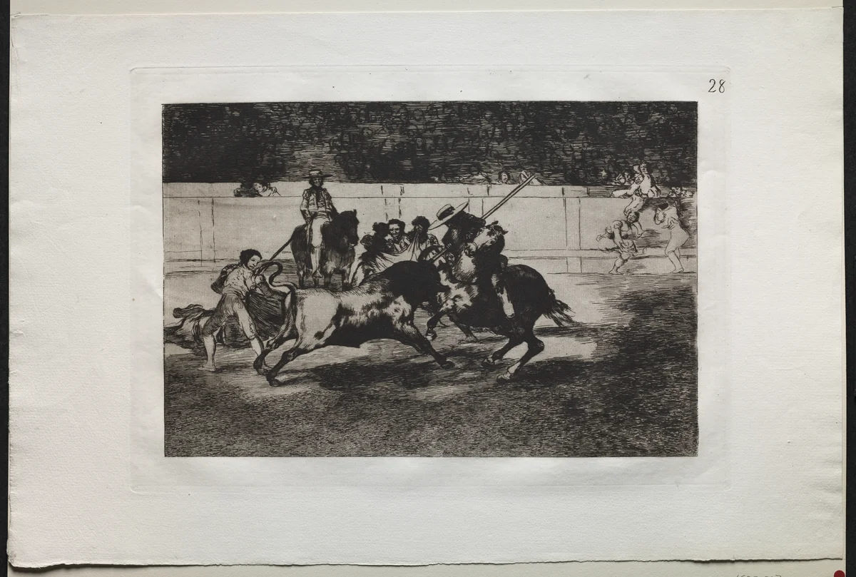 Bullfights: The Forceful Rendon Stabs a Bull with the Pique, From Which Pass he died in the Ring at Madrid by Francisco de Goya, print, 1816-1876