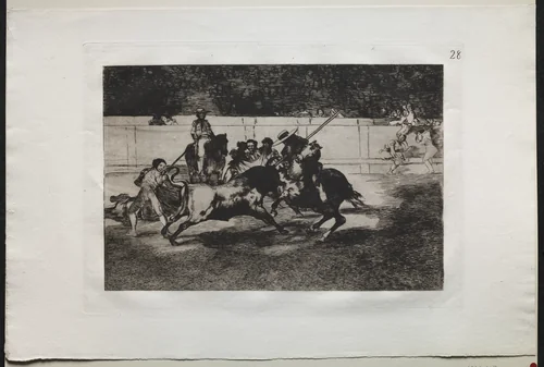 Bullfights: The Forceful Rendon Stabs a Bull with the Pique, From Which Pass he died in the Ring at Madrid by Francisco de Goya, print, 1816-1876