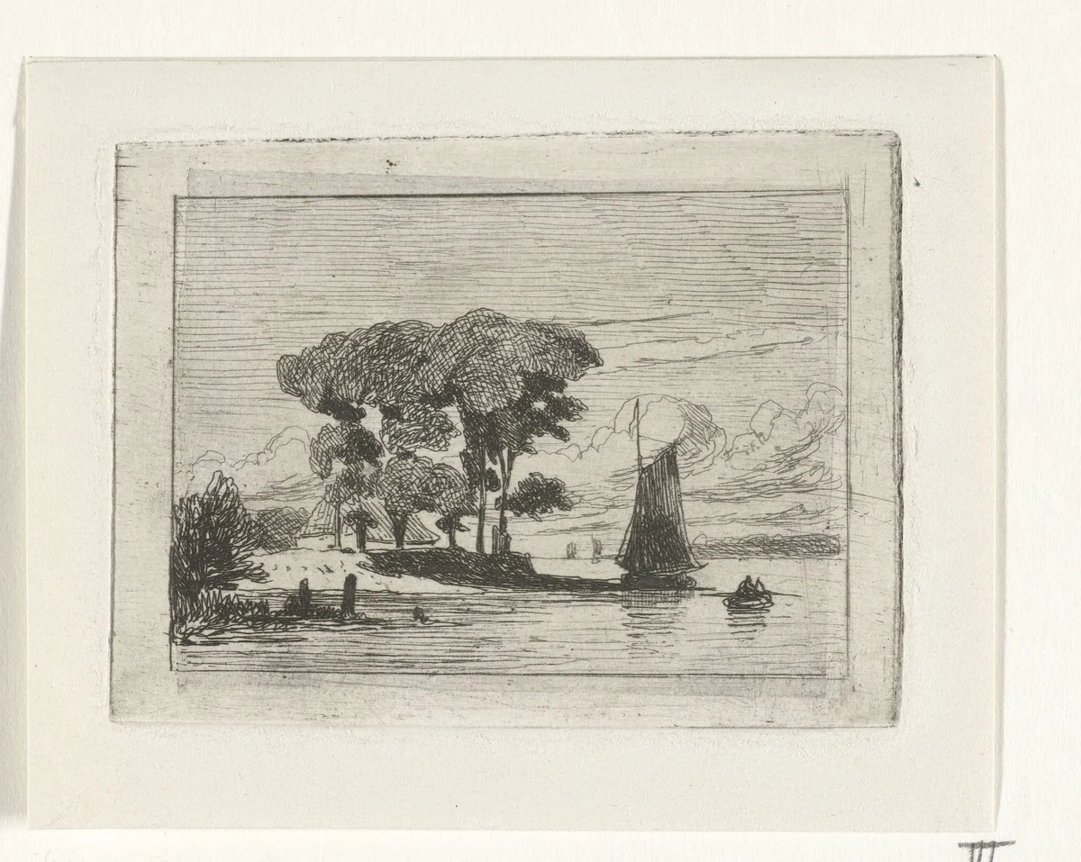 Rivierlandschap met zeilschip en bomen by Lambertus Hardenberg, print, 1837-1900