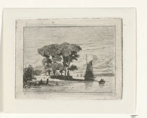 Rivierlandschap met zeilschip en bomen by Lambertus Hardenberg, print, 1837-1900