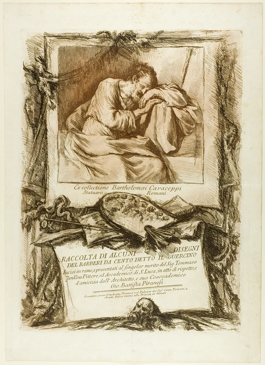 Title Page: Collection of several drawings engraved after Barbieri da Cento (known as Guercino) engraved on copper and presented to Thomas Jenkins, painter and member of the Academy of St. Luke, out of respect and friendship from his fellow member, the architect Gio. Battista Piranesi by Giovanni Battista Piranesi, print, 1764