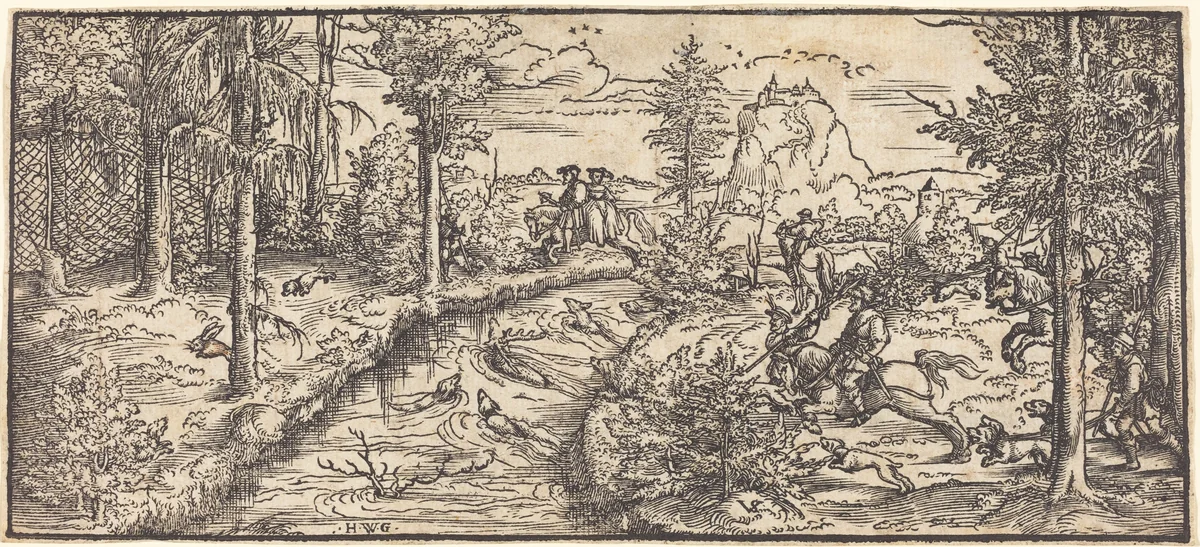 Stag Hunt in a Landscape by Virgil Solis, print, 1540-1560