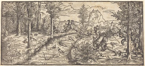 Stag Hunt in a Landscape by Virgil Solis, print, 1540-1560