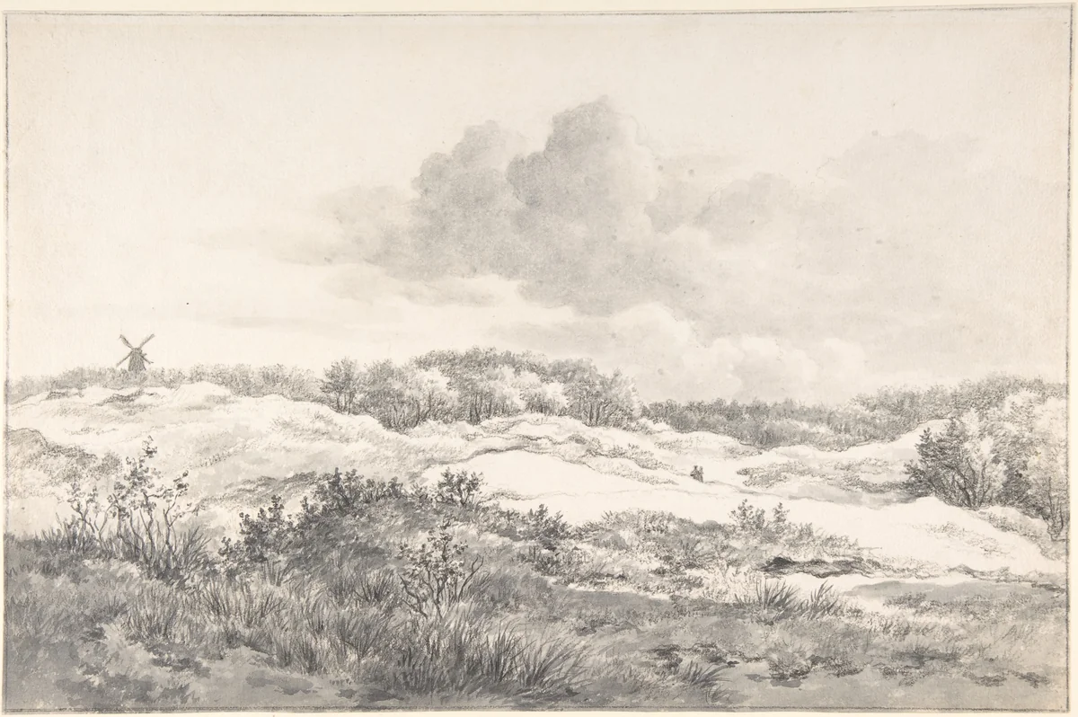 Wooded Dune Landscape near Haarlem, with Windmill and a Pair of Figures by Gerrit Jan Michaëlis, drawing, 1790-1857