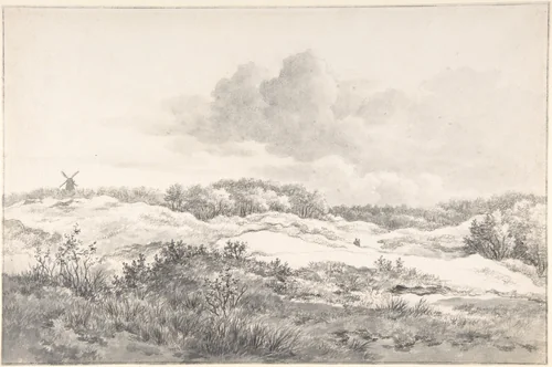 Wooded Dune Landscape near Haarlem, with Windmill and a Pair of Figures by Gerrit Jan Michaëlis, drawing, 1790-1857