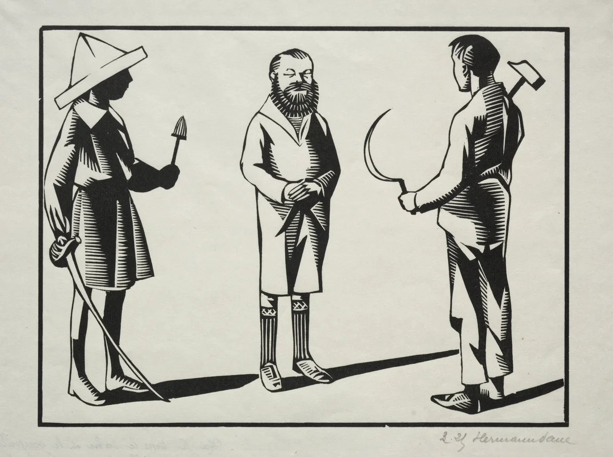 Moi! je tiens le sabre, et le goupillon; toi la faucille, le marteau et ler pastel. C'est la barbe. by Hermann Paul, print, 1900-1925