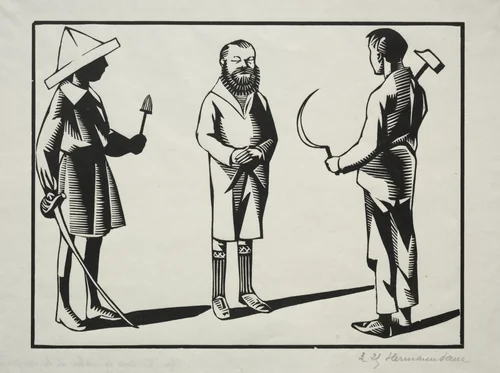 Moi! je tiens le sabre, et le goupillon; toi la faucille, le marteau et ler pastel. C'est la barbe. by Hermann Paul, print, 1900-1925