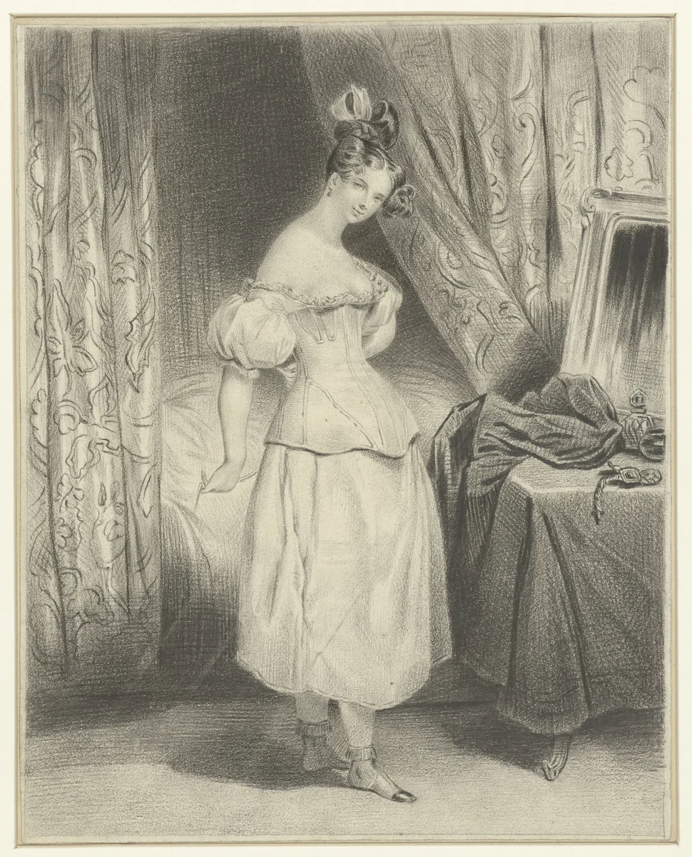 Jonge vrouw in slaapvertrek, haar corsetlijfje losrijgend by Frédéric Bouchot, drawing, 1820-1840
