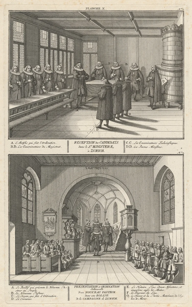Reception des Candidats dans le St. Ministere, à Zurich; Presentation et Ordination Solemnelle d’un Nouveau Pasteur dans une Eglise de la Campagne de Zurich (Reception of the Candidates and Presentation and Ordination of a New Pastor) by David Herrliberger, print, 1751