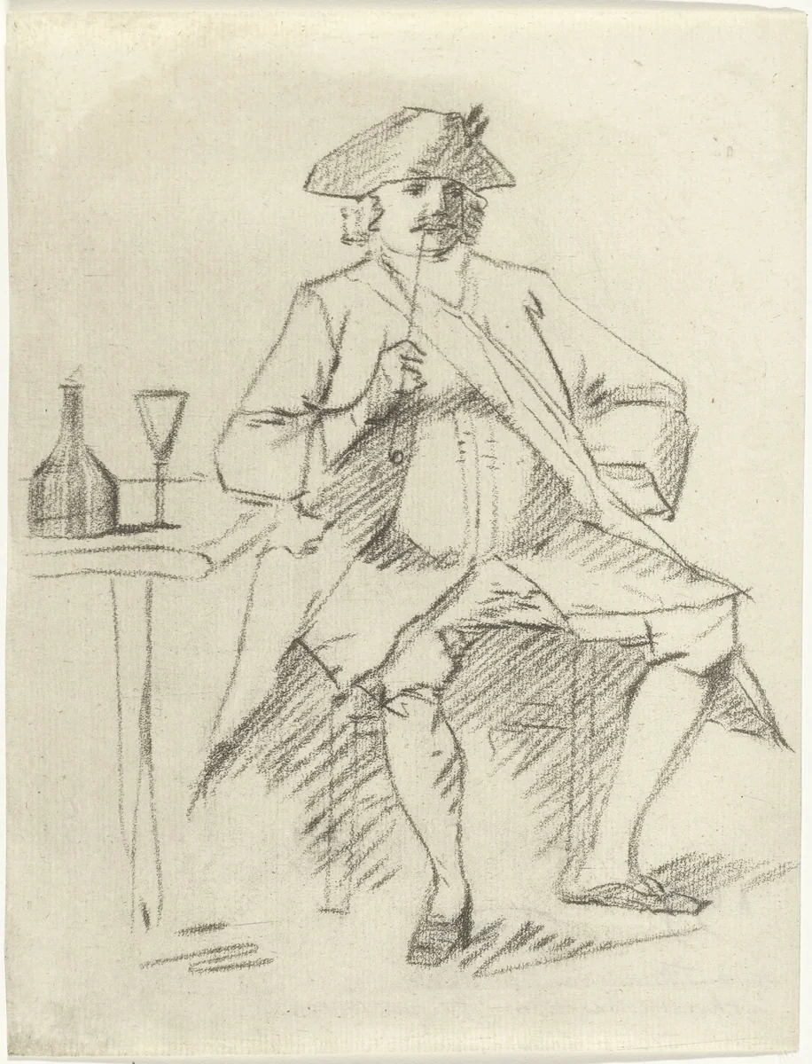 Man met een pijp zittend bij een tafel by Cornelis van Noorde, print, 1765