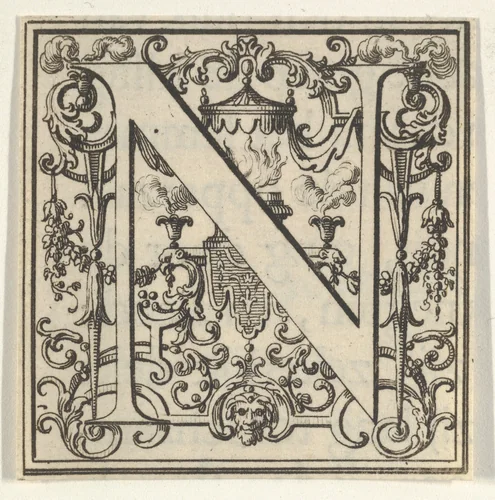 Roman Alphabet letter N with Louis XIV decoration by Bernard Picart, print, 1700-1733