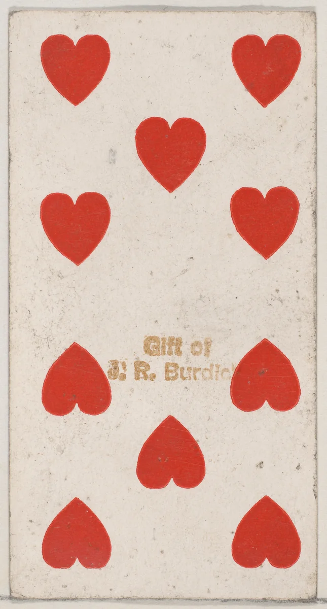 Ten Hearts, from the Playing Cards series (N84) to promote Turkish Cross-Cut Cigarettes for W. Duke, Sons and Co. by W. Duke, Sons & Co., print, 1888