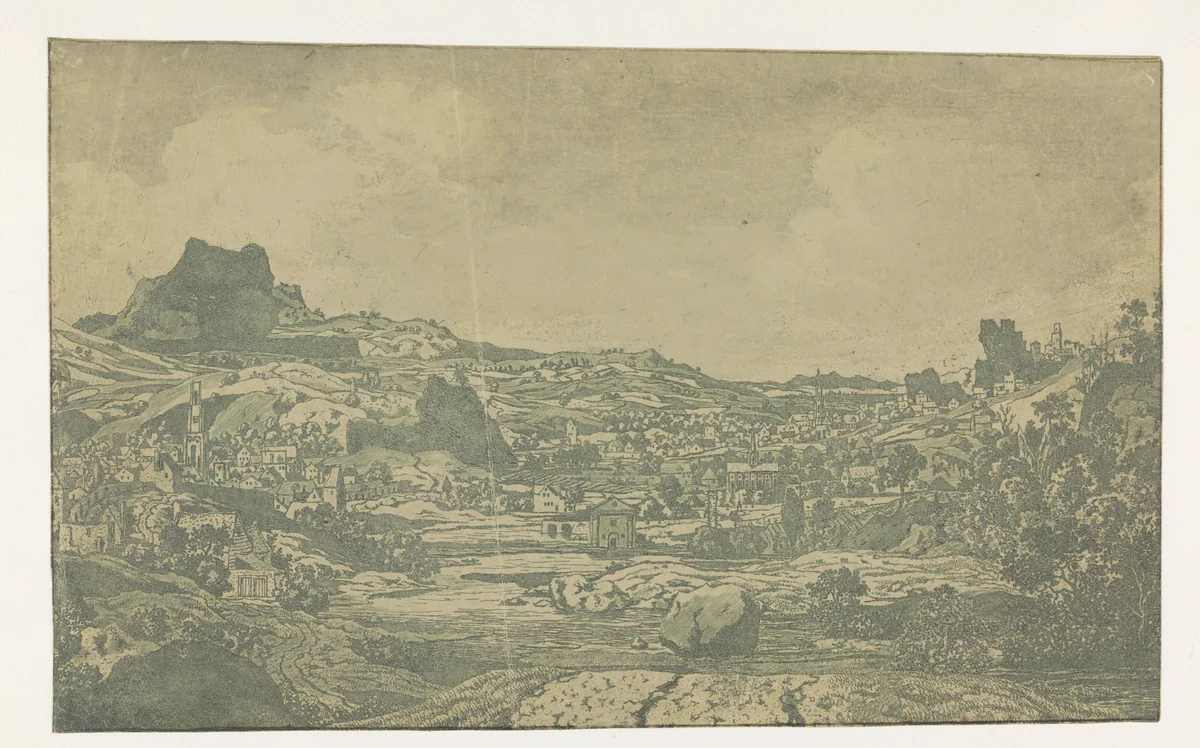 Vallei met een rivier en een stad met vier torens by Hercules Segers, print, 1626-1627