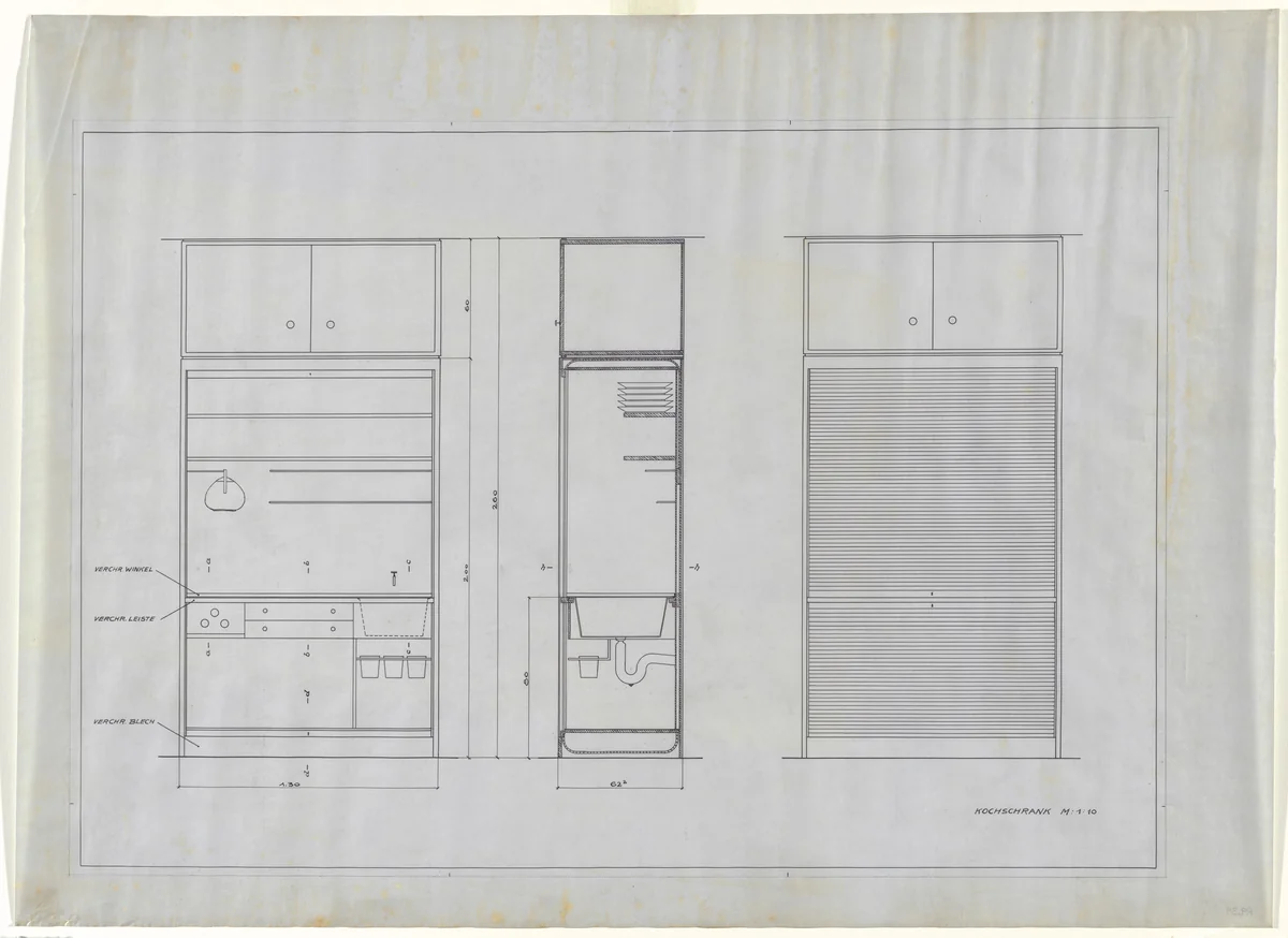 Single-Person Apartment in The Dwelling of Our Time, German Building Exhibition, Berlin, Germany (Elevations and section, cooking cupboard) by Lilly Reich, mies van der rohe archive, 1931