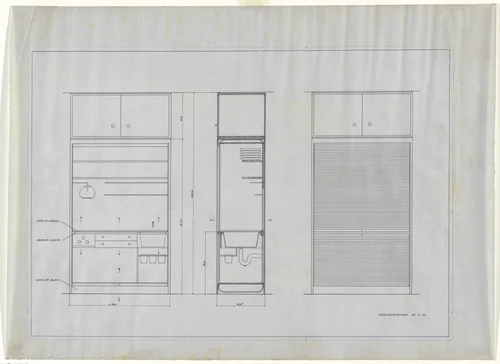 Single-Person Apartment in The Dwelling of Our Time, German Building Exhibition, Berlin, Germany (Elevations and section, cooking cupboard) by Lilly Reich, mies van der rohe archive, 1931