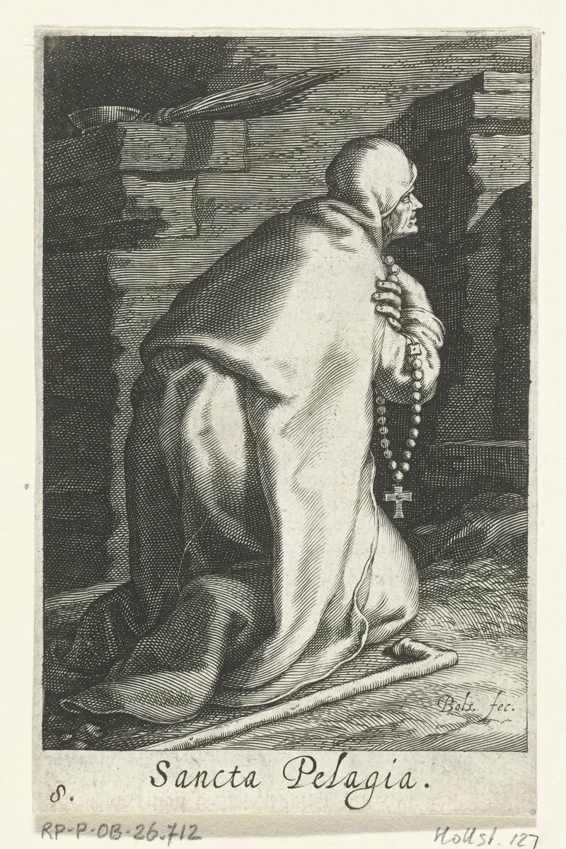 Heilige Pelagia van Antiochië als kluizenares by Unknown, print, 1590-1612