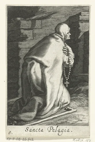 Heilige Pelagia van Antiochië als kluizenares by Unknown, print, 1590-1612