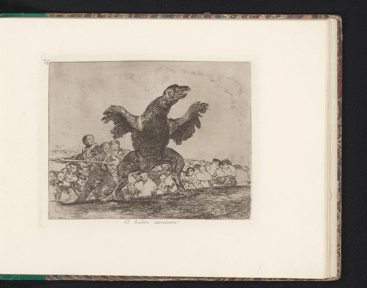Man met een hooivork bij een reusachtige vogel by Francisco de Goya, book, 1810-1820