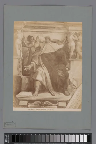 Fotoreproductie van een detail van het fresco Ezechël door Michelangelo in de Sixtijnse kapel by anonymous, photograph, 1851-1900